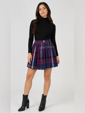 Vintage Style Plaid Woolen Midi Skirt Purple Blue Academia Cottagecore Large